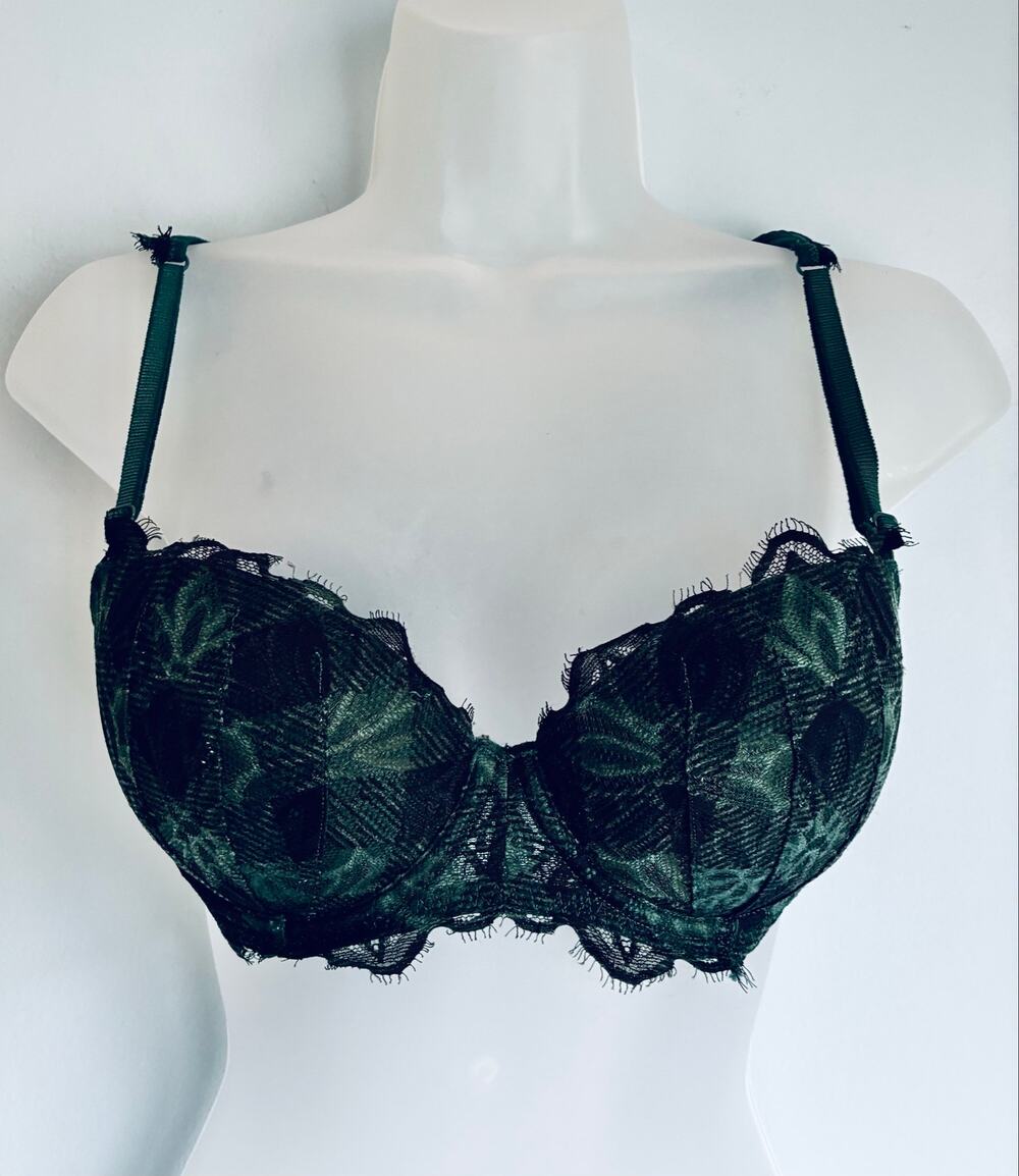 PINK Victoria's Secret Date Push Up Bra 34C Green Plaid Print Padded